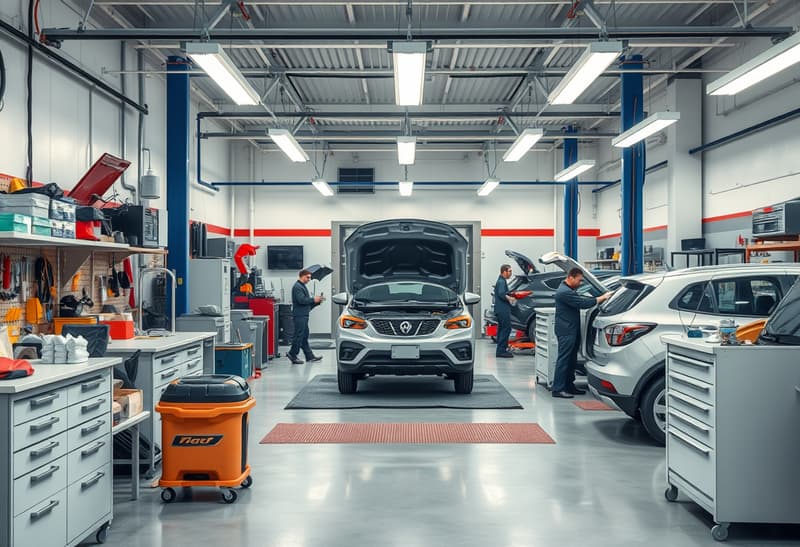 Precision Auto Care service bay with professional mechanics working