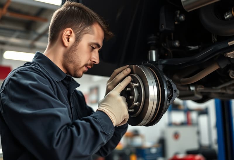 Professional mechanic performing brake repair service at Precision Auto Care in Columbus