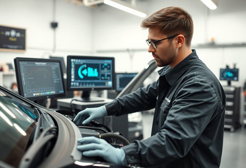 Professional mechanic performing engine diagnostic testing at Precision Auto Care Columbus