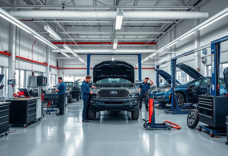 Professional auto repair service center in Westerville with mechanics working on vehicles